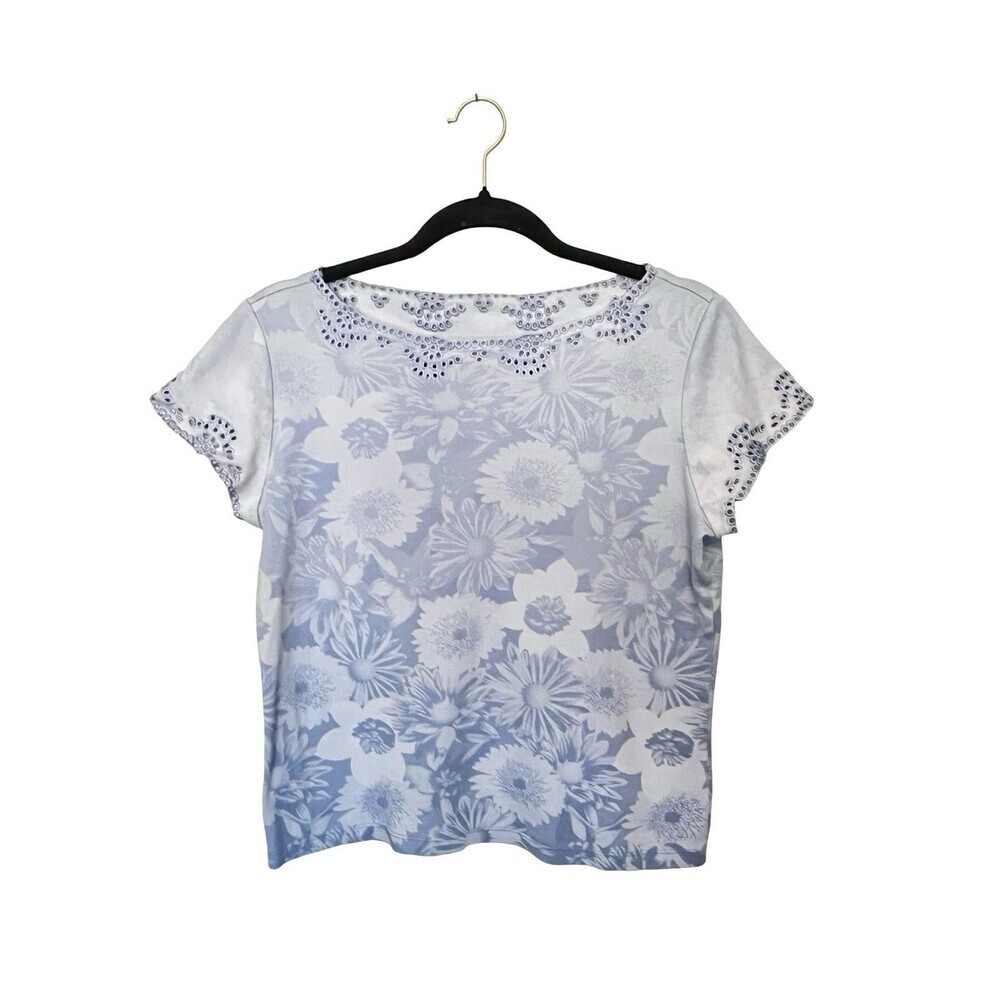 Women’s Blue Floral Eyelet Trim Short Sleeve Top Cottagecore Boho Size M